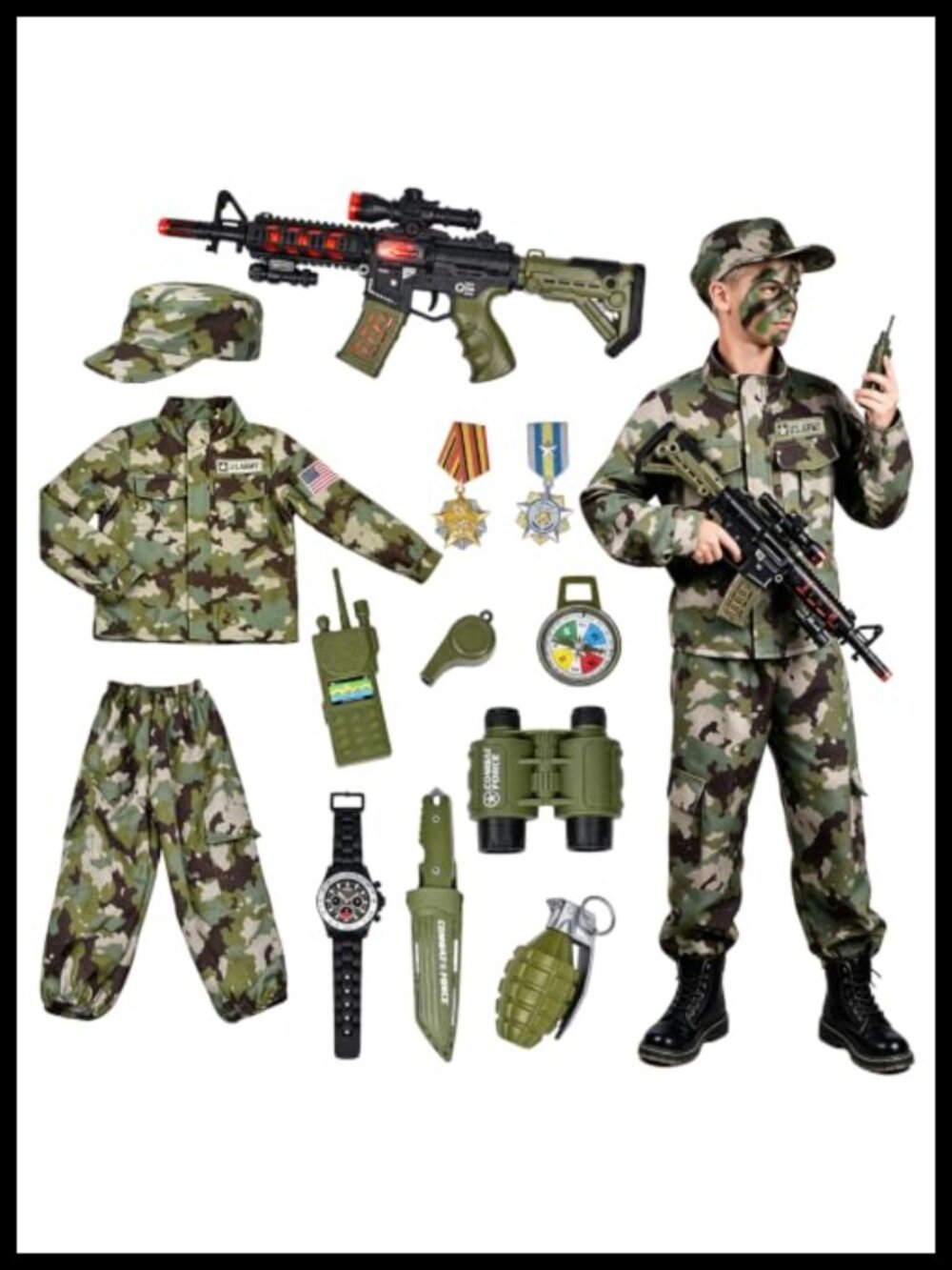 Kids Army Soldier Costume 14 Pcs Dress Up Role Play Halloween Set